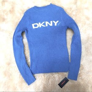 DKNY ribbed cornflower blue logo mock neck sweater